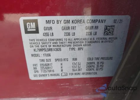 2021 Chevrolet Trailblazer Fwd Lt из США, поврежденный, VIN KL79MPSL5MB143626